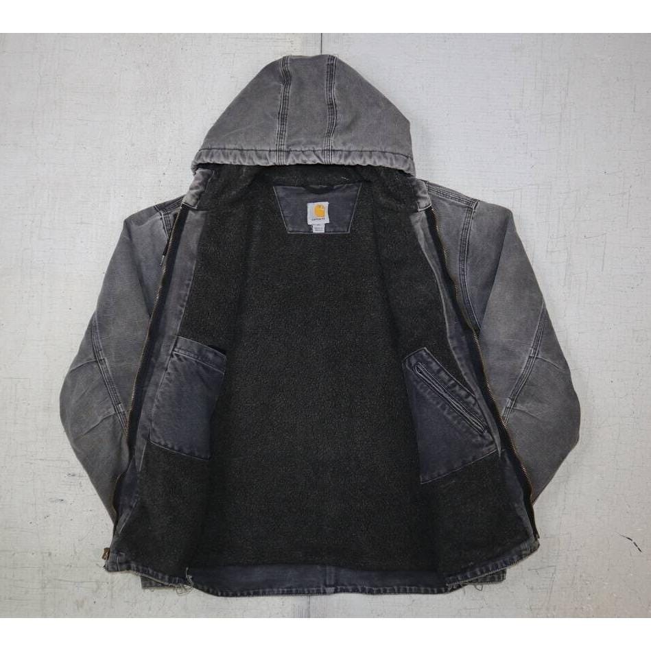 Vintage Faded Carhartt Sherpa Lined Hooded J141 BLK Black Gray Workwear Size XL