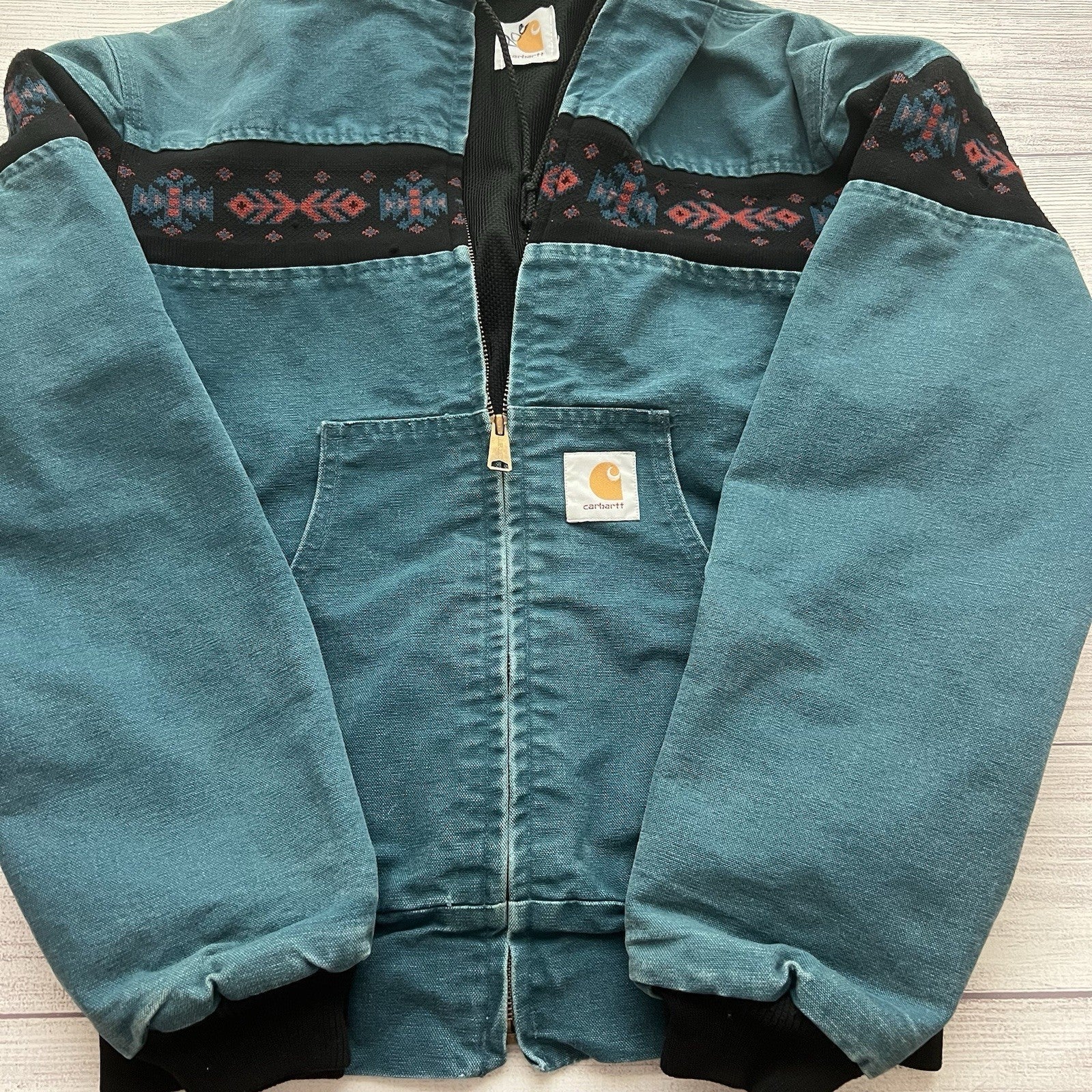 Vintage Carhartt Aztec Santa Fe Jacket Size Medium Teal JQ041 Faded Rare Lined