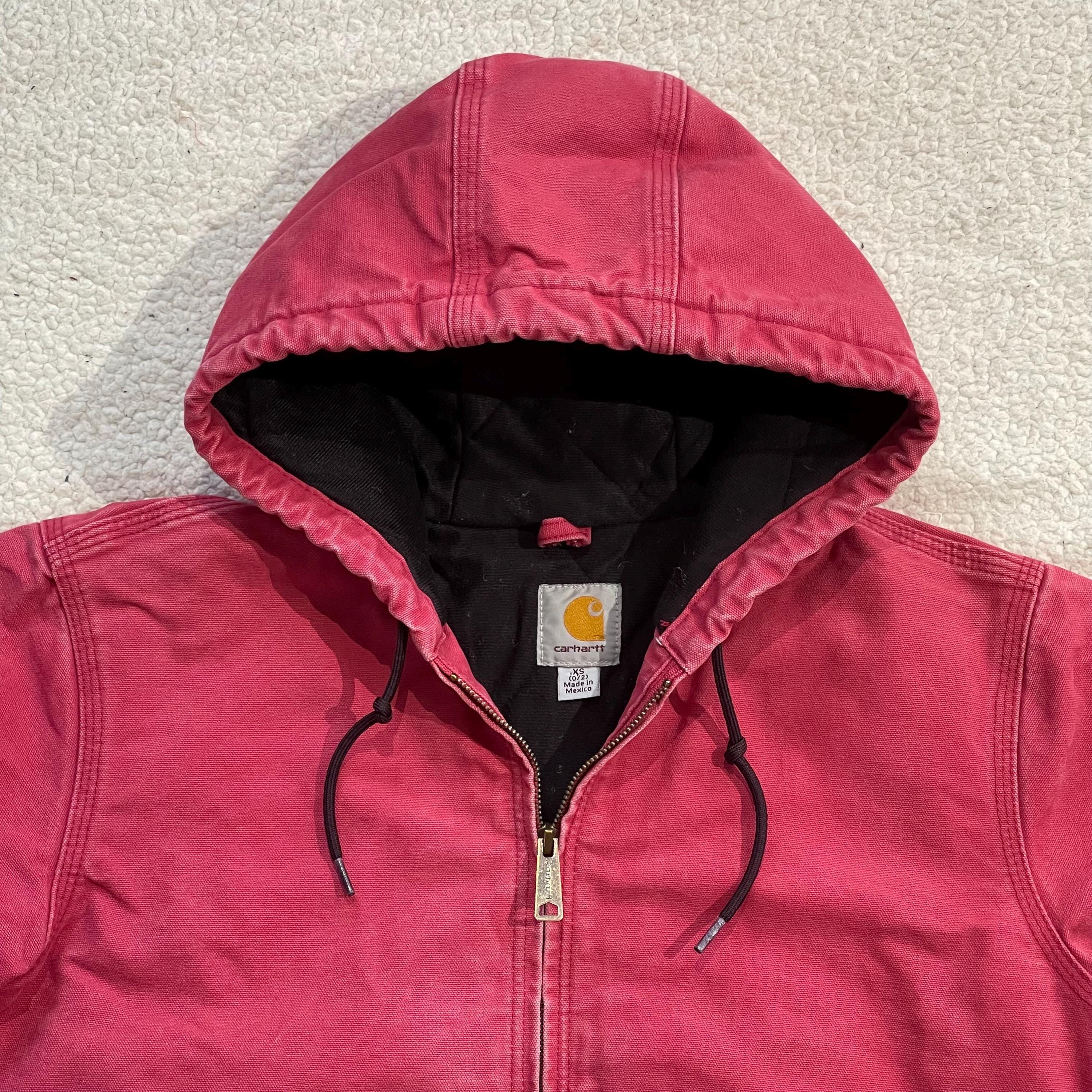 Vintage Y2K Pink Carhartt Active Jacket Faded Canvas Zip Up Heavyweight Workwear Outdoor Boxy Hooded Coat Size XS