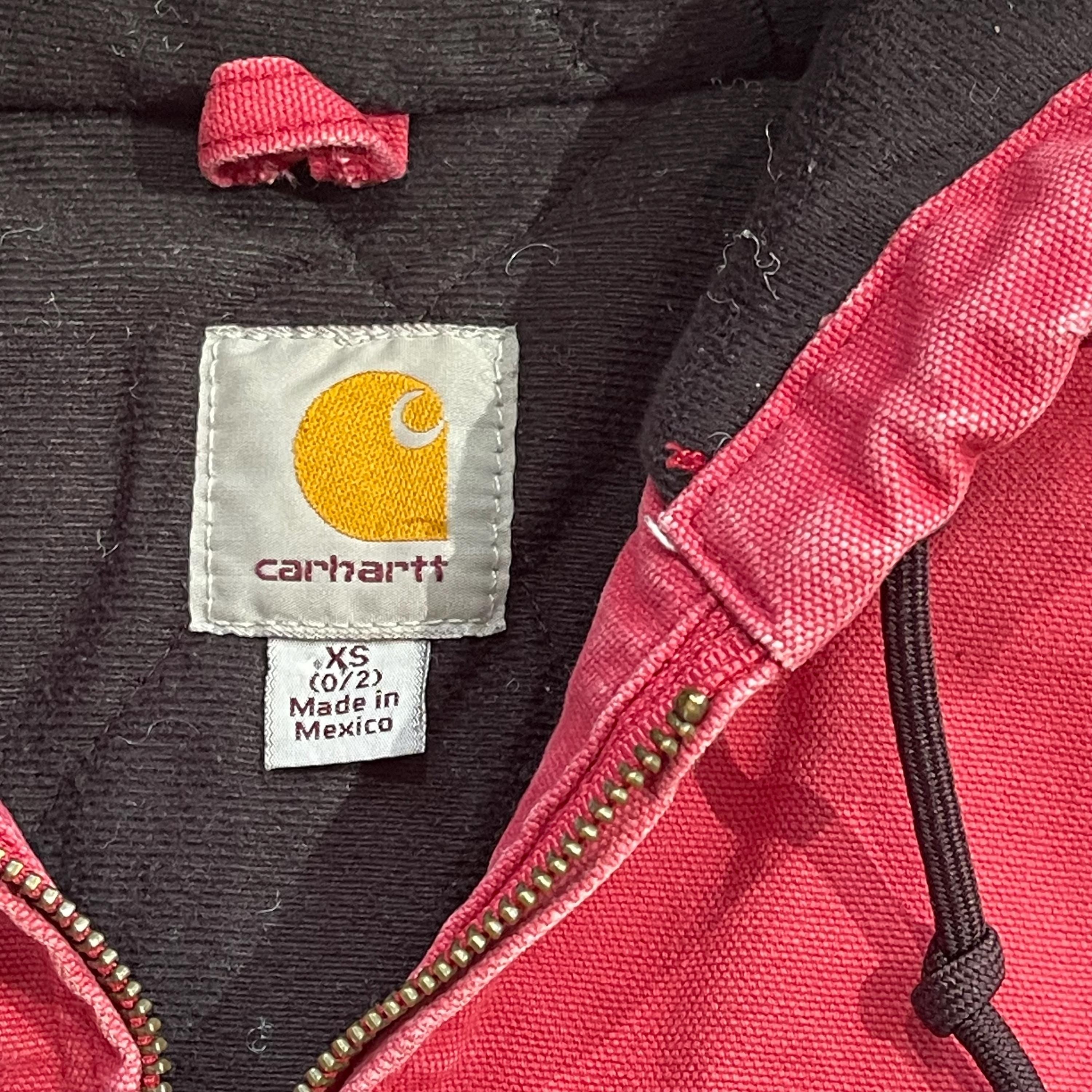 Vintage Y2K Pink Carhartt Active Jacket Faded Canvas Zip Up Heavyweight Workwear Outdoor Boxy Hooded Coat Size XS
