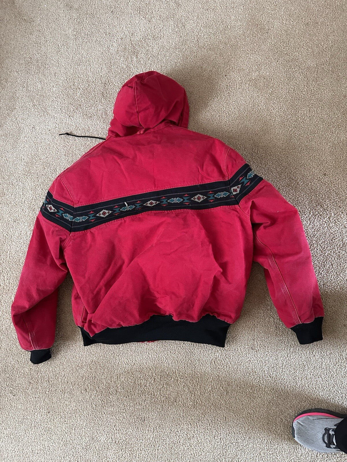 Vintage 90s Carhartt Western Aztec Canvas Hooded Coat Jacket J78RED Mens Sz 2XL