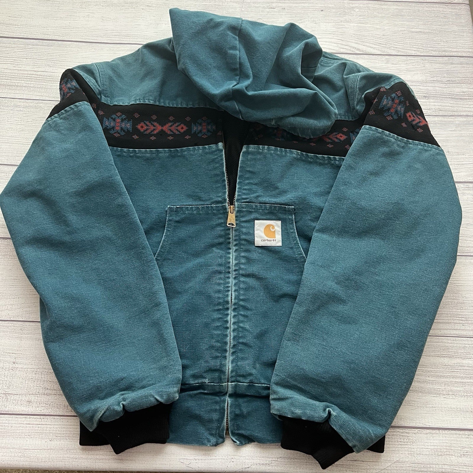Vintage Carhartt Aztec Santa Fe Jacket Size Medium Teal JQ041 Faded Rare Lined