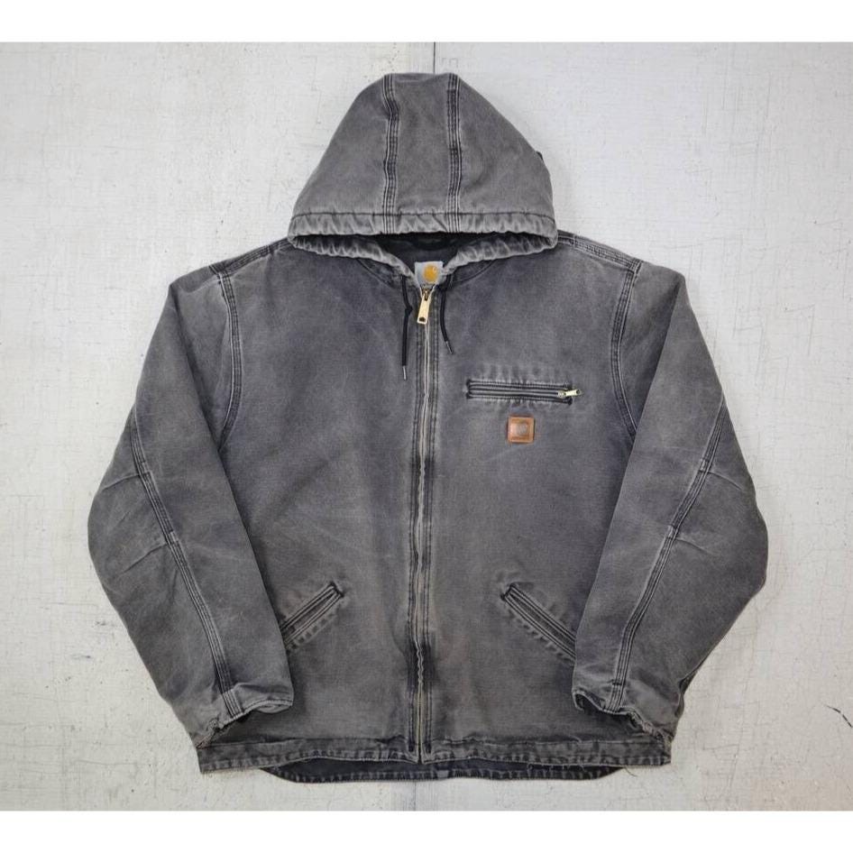 Vintage Faded Carhartt Sherpa Lined Hooded J141 BLK Black Gray Workwear Size XL