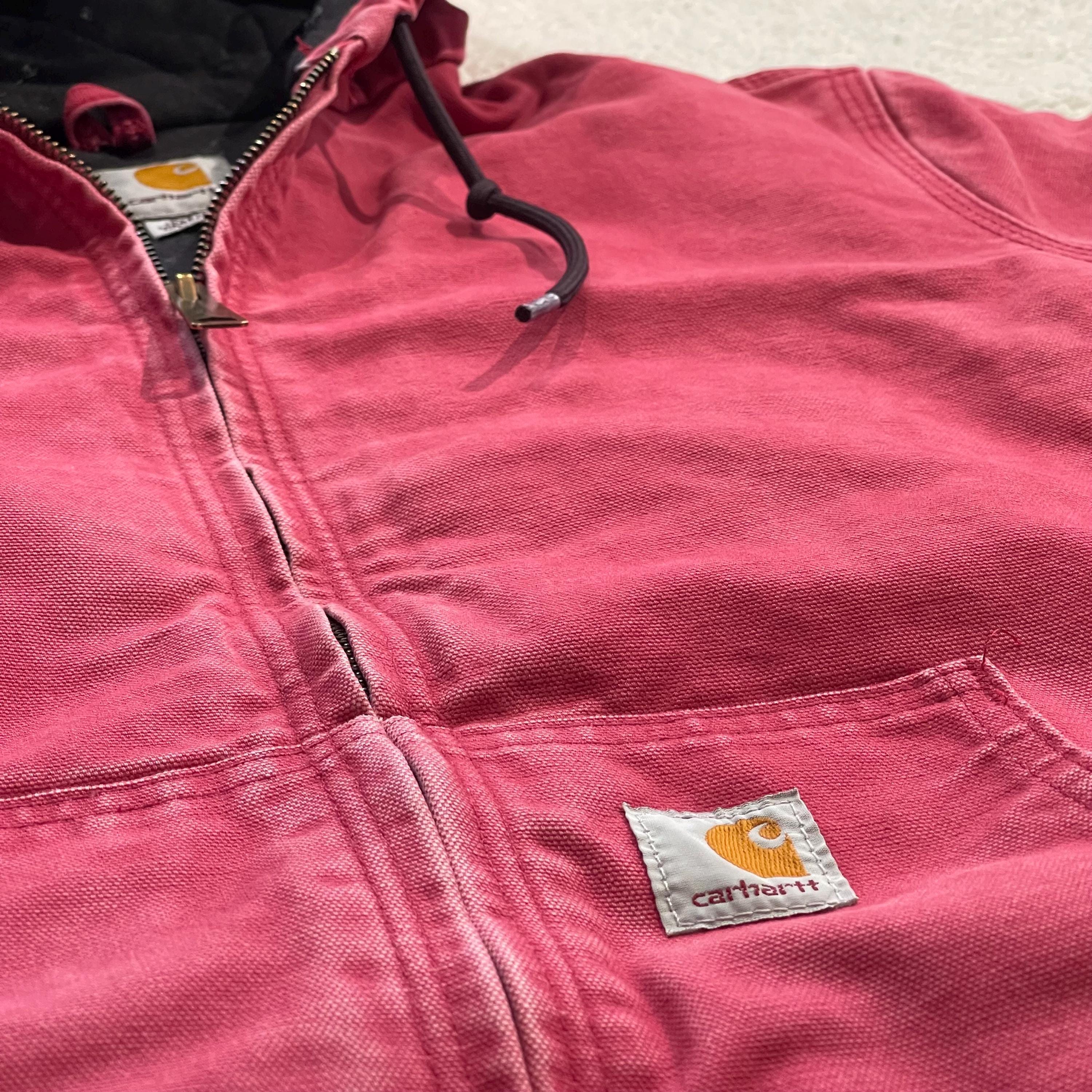 Vintage Y2K Pink Carhartt Active Jacket Faded Canvas Zip Up Heavyweight Workwear Outdoor Boxy Hooded Coat Size XS