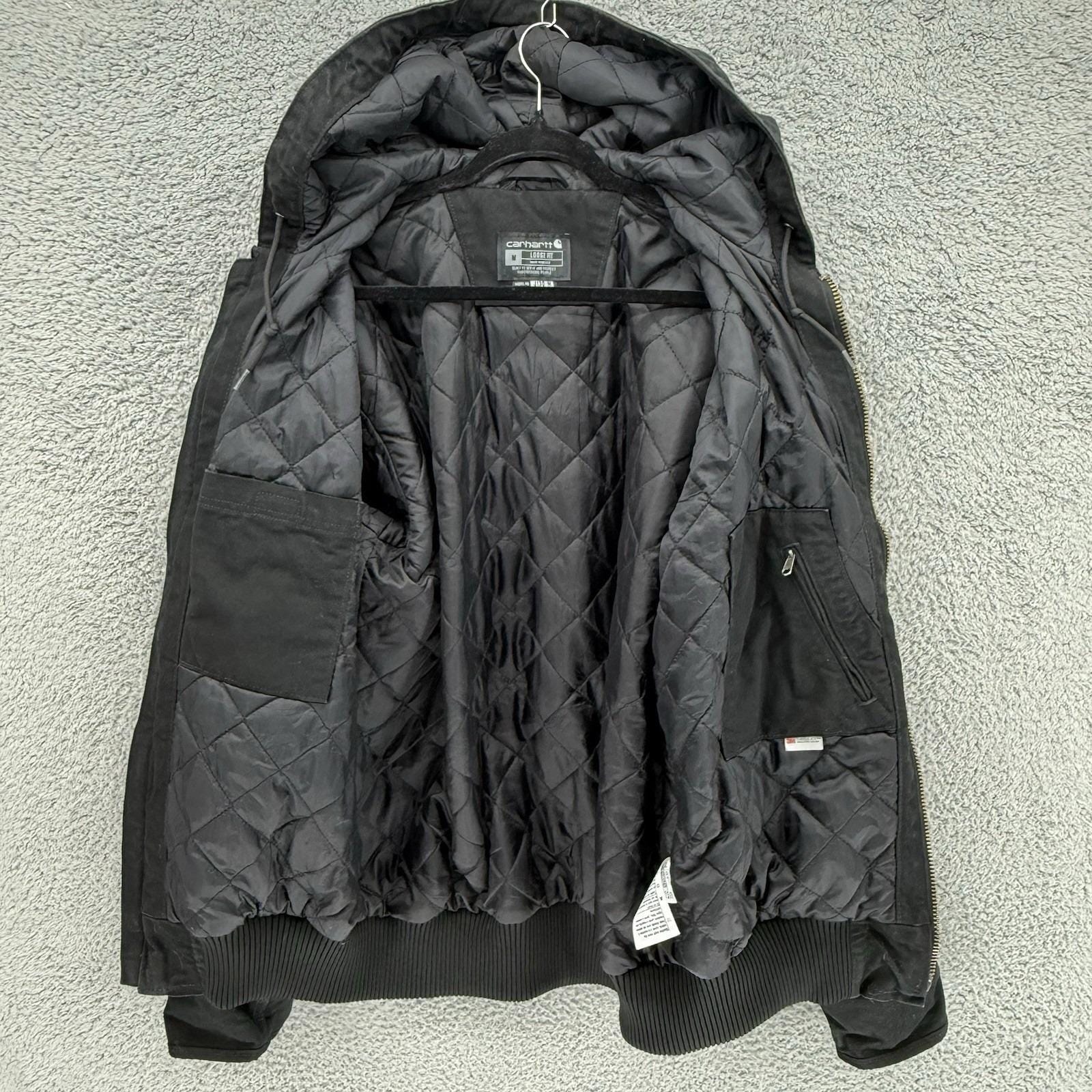 Vintage Carhartt Mens Black Canvas Quilted Coat Hooded Jacket J130-M Size Medium