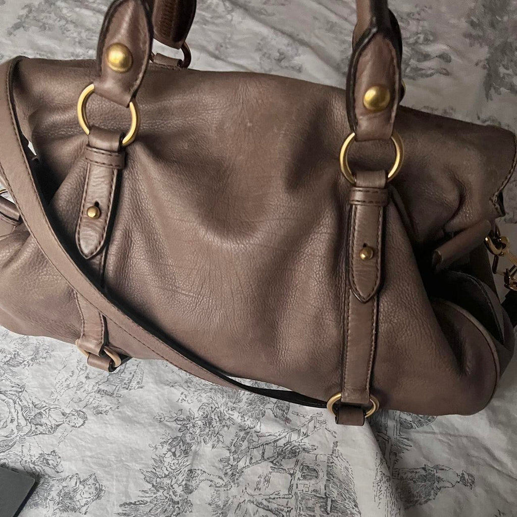 Authentic Miu Miu Purple Grey Leather Vitello Lux Bow Bag In Gold Hardware With Removable Strap🤎🌆